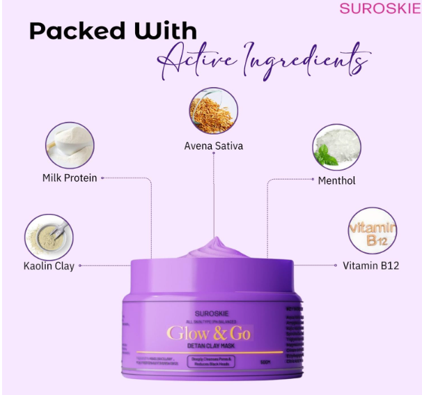 Glow & Go De-Tan Clay Mask | Kaolin Clay & Kojic Extract | Removes Tan, Dark Spots & Blackheads | Deep Cleansing & Brightening Face Pack for Glowing Skin | All Skin Types | Men & Women – 50g