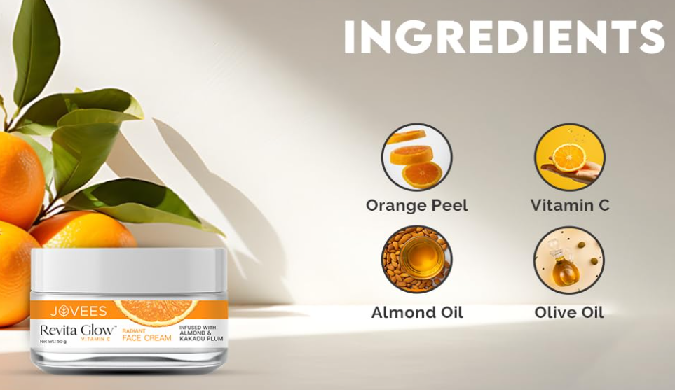Jovees Herbal Revita Glow Vitamin C Cream Infused with Almond & Kakadu Plum | Reduces Dark Spots, Hyperpigmentation & Fine Line Apperances | For All Skin Type 50G