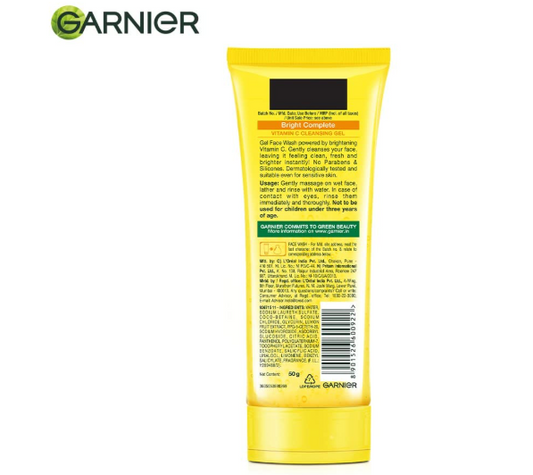 Garnier Facewash Gel, Gentle Cleanser, Fast Brightening, For Instant Brighter Skin, Bright Complete Vitamin C, 50g