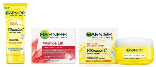 GARNIER Vitamin C Gel Facewash 50g + Anti-Ageing Cream 40g + Vitamin C U.V Cream-45g (3 Items in the set)