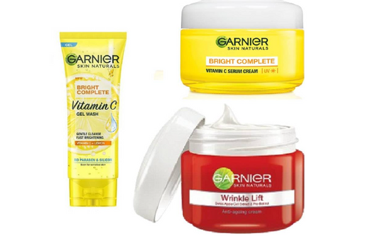 GARNIER Vitamin C Gel Facewash 50g + Anti-Ageing Cream 40g + Vitamin C U.V Cream-45g (3 Items in the set)