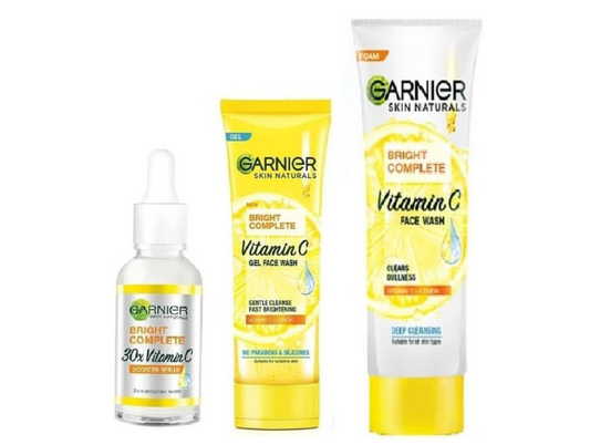 GARNIER BRIGHT COMPLETE VITAMIN C GEL FACE WASH 50g + FOAM FACE WASH 100g + FACE SERUM 30ml (3 Items in the set)