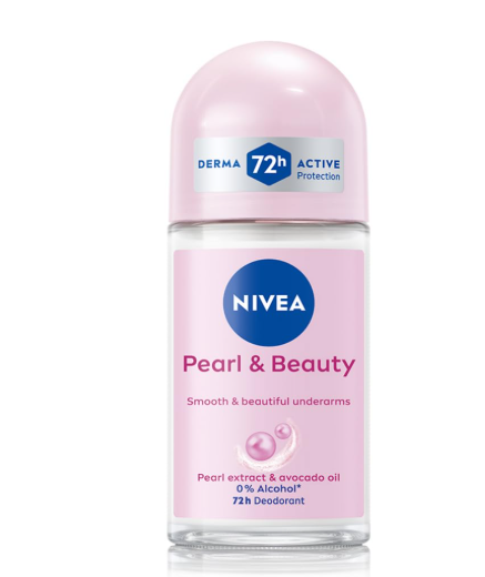 NIVEA Pearl and Beauty 50ml Deo Roll On | With Pearl Extracts & Avocado Oil| 72 H Smooth & Beautiful Underarms | 0% Alcohol | For Women