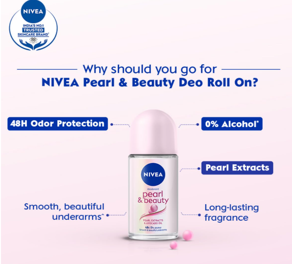 NIVEA Pearl and Beauty 50ml Deo Roll On | With Pearl Extracts & Avocado Oil| 72 H Smooth & Beautiful Underarms | 0% Alcohol | For Women