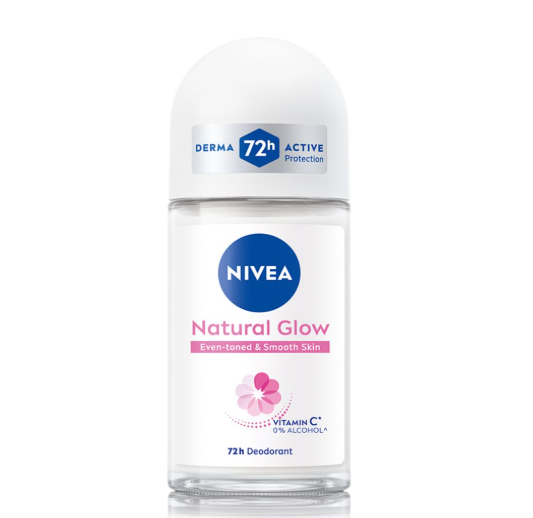 NIVEA Natural Glow Smooth Skin Deodorant Roll On for Women with Vitamin C, Vitamin E, Avocado oil and Licorice Extract | 72 H Even Toned, Smooth & Beautiful Underarms | 0% Alcohol |50 ml