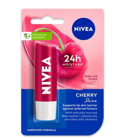 NIVEA Cherry Shine 4.8g Lip Balm|24 H Melt in Moisture Formula|Natural Oils|Glossy Finish,4.8 g (Pack of 1)