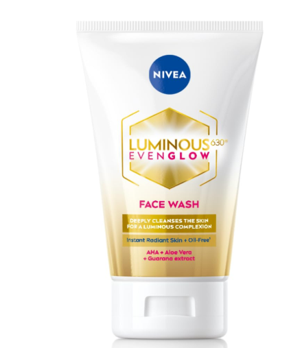 NIVEA Luminous Even Glow Face wash with an oil free formula, infused with AHA, Aloe vera, Guarana Extracts, Deeply cleanses, for Normal & Sensitive Skin, For Women & Men| 100ml