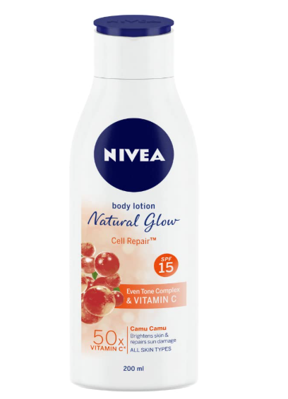 NIVEA Natural Glow Cell Repair 200ml Body Lotion | SPF 15 & 50 X Vitamin C for Summer Protection |With Camu Camu & Acerola Cherry Extracts | Gives Even Toned & Smooth Skin |For All Skin Types