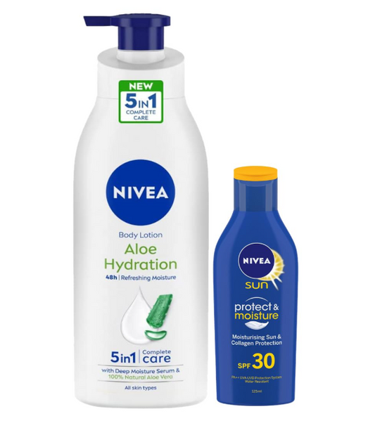 Nivea Sun Lotion, Spf 30, Water Resistant Sunscreen, Dry Skin Type For Men & Women, 125Ml&Body Lotion, Aloe Hydration, With Aloe Vera For Instant Hydration In Summer, For Men & Women, 400 Ml