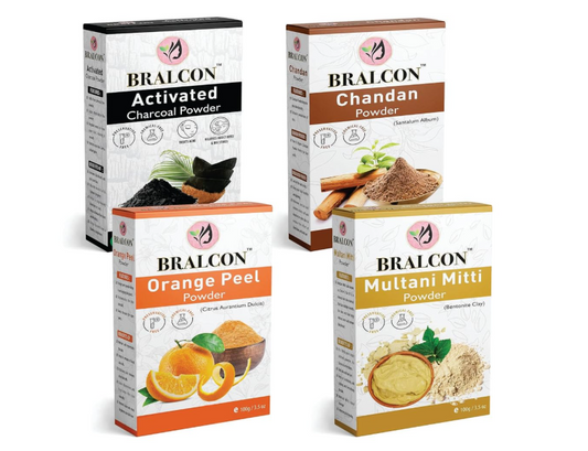 BRALCON Activated Charcoal, Chandan, Orange, Multani Mitti Powder Combo-400g(100g x 4 Pack) for all Skin Types for Face & hairs in seperate Packaging