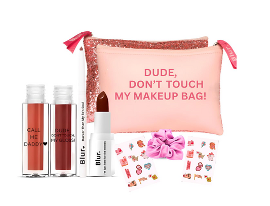 Blur India All-in-One Makeup Kit | 8 Makeup Products | Hydrating, Long-Lasting, Vegan Formula | Includes Liquid Lipstick, Gloss, Kajal, Highlighter, Makeup Bag & More | Super-Moisturizing & Pigmented (Assorted)