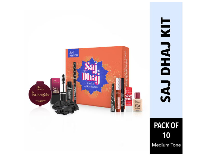 Blue Heaven Saj Dhaj Festive Makeup Kit for women- Natural, Pack of 10 | Full face Makeup kit, Medium Tone combo, 19g+26.3ml