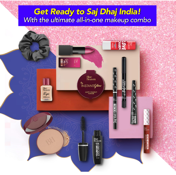 Blue Heaven Saj Dhaj Festive Makeup Kit for women- Natural, Pack of 10 | Full face Makeup kit, Medium Tone combo, 19g+26.3ml