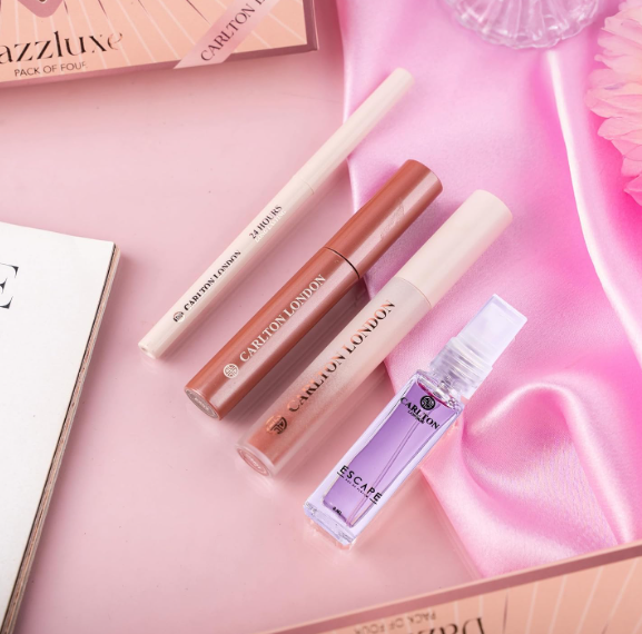 Carlton London Cosmetic DAZZLUXE Gift Set | For Girlfriend & Wife With Perfume, Lipstick, Eyeliner & Kajal (Pack of 4)