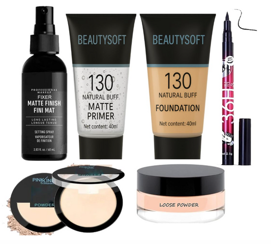 A66 beauty 6 in 1 Combo Kit - Premium Foundation + Makeup Fixer + Matte Primer + Sketch pen liner + Loose Powder + Compact foundatnnn