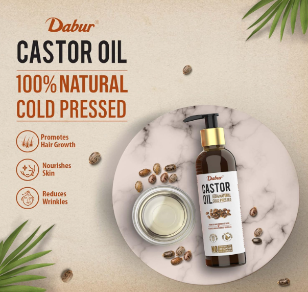 Dabur Castor Oil - 200ml | 100% Natural Cold Pressed Oil | Promotes Hair Growth, Hydrates Skin & Reduces Wrinkles | No Mineral Oil & Silicones