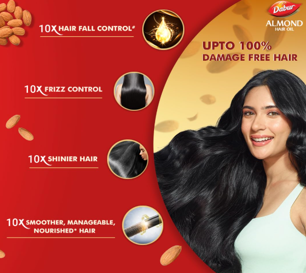 Dabur Almond Hair Oil - 500ml | Provides Damage Protection | Non Sticky Formula | For Soft & Shiny Hair | With Almonds, Keratin Protein, Soya Protein & 10X Vitamin E