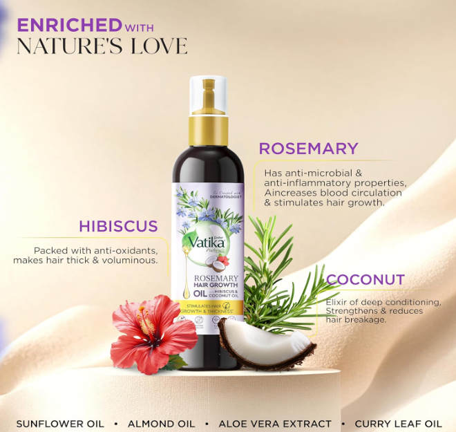 DABUR Vatika Rosemary Hair Growth Oil With Hibiscus & Coconut Oil - 100Ml | Stimulates Hair Growth And Thickness | Reduces Hair Fall | Co-Created With Dermatologist | No Mineral Oil |Animal Test Free