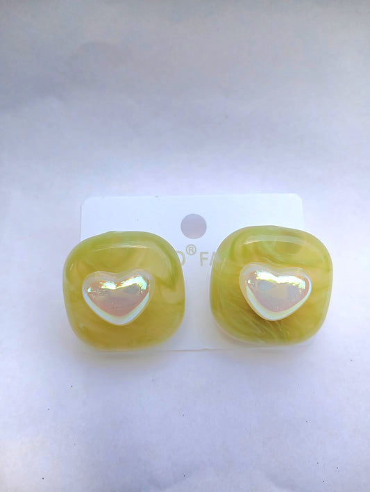 Korean  olive green  glass marble heart stone earrings